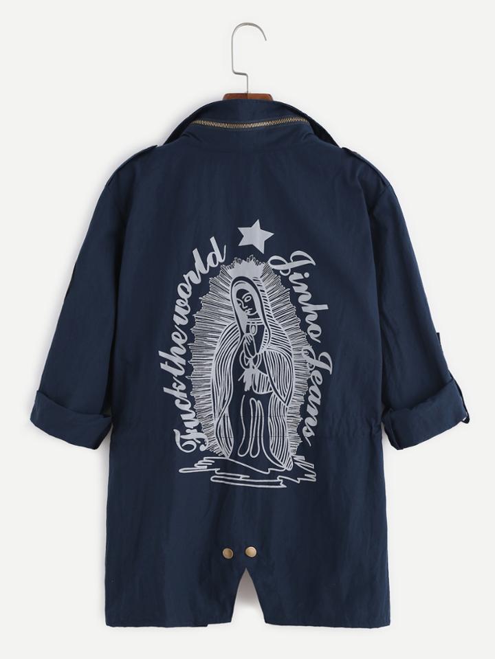 Shein Navy Printed Back Drawstring Waist Utility Coat