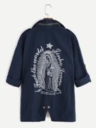 Shein Navy Printed Back Drawstring Waist Utility Coat