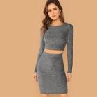 Shein Crop Form Fitting Glitter Top And Bodycon Skirt Set