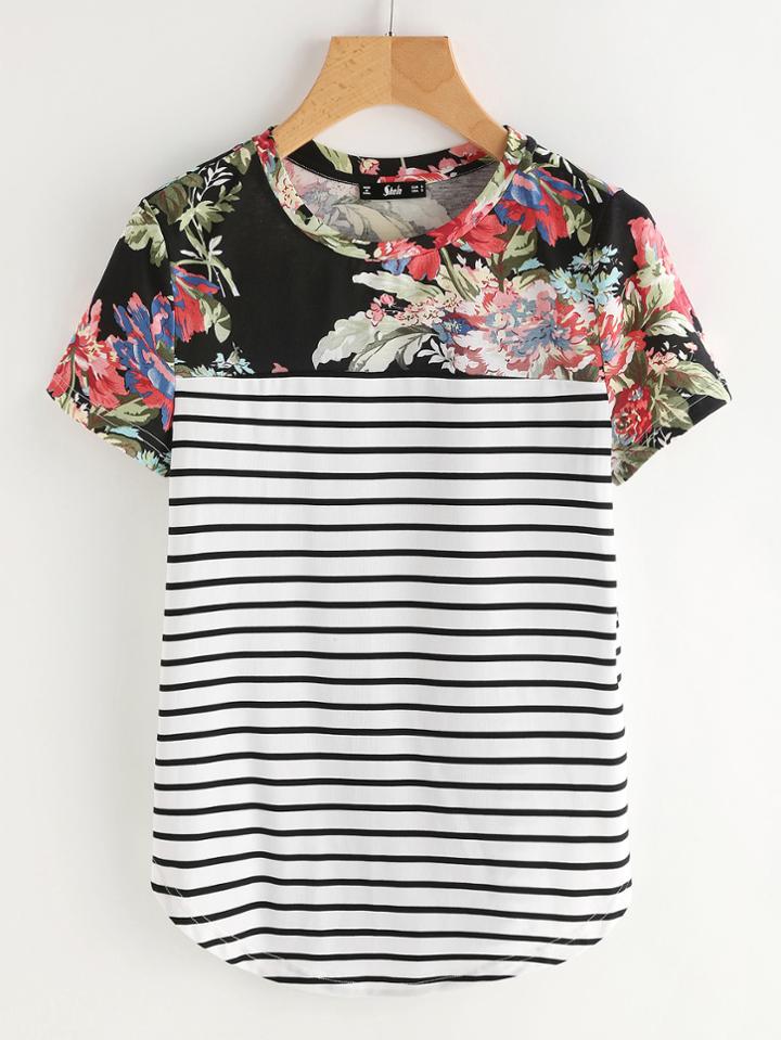 Shein Mixed Print Dolphin Hem Cut And Sew Tee