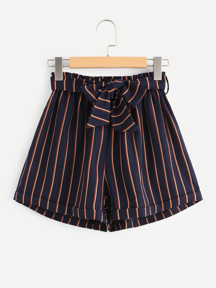 Shein Self Tie Vertical Striped Cuffed Shorts