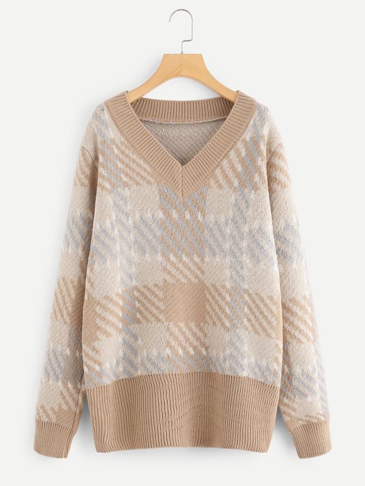 Shein V Neckline Ribbed Trim Plaid Sweater