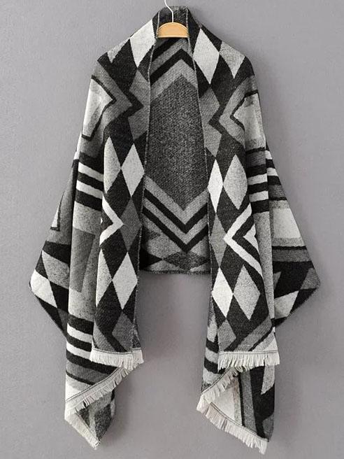 Shein Grey Geometric Pattern Fringe Hem Scarf