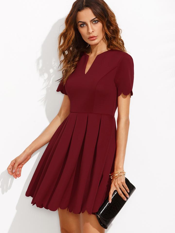 Shein Burgundy Split Neck Scalloped Trim Fit And Flare Dress