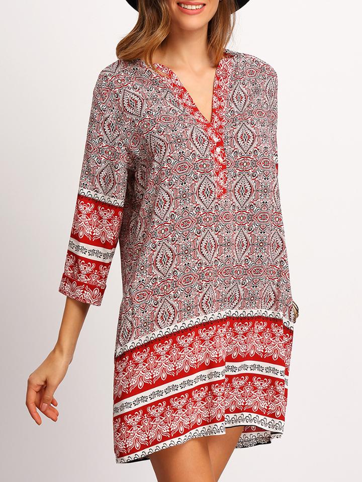 Shein Red V Neck Tribal Print Shift Dress