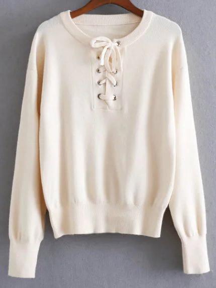 Shein Beige Ribbed Trim Eyelet Lace Up Knitwear