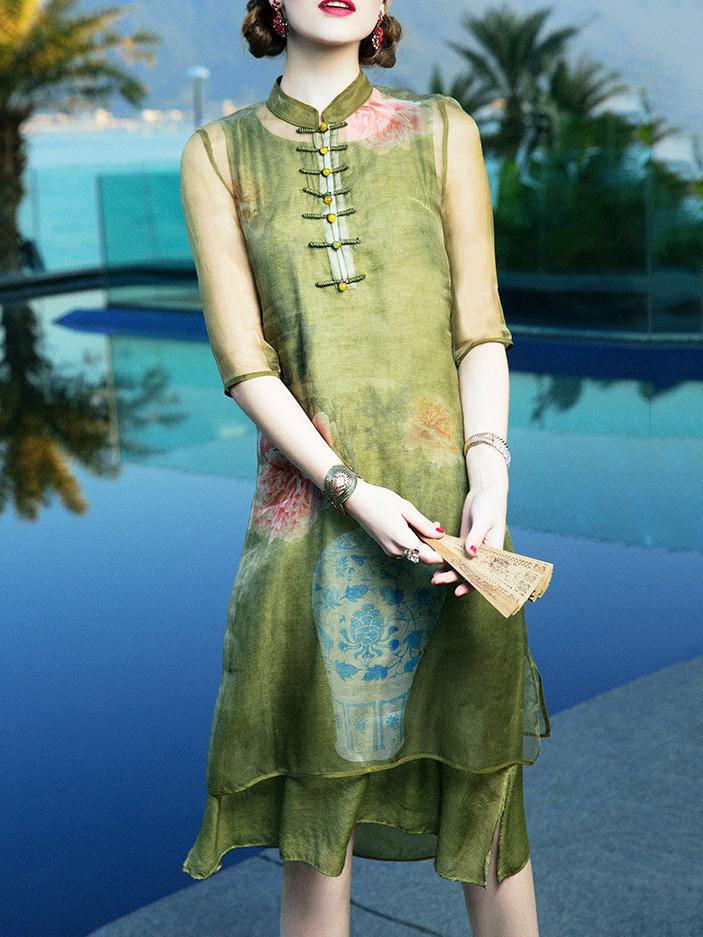 Shein Green Vintage Print Shift Dress