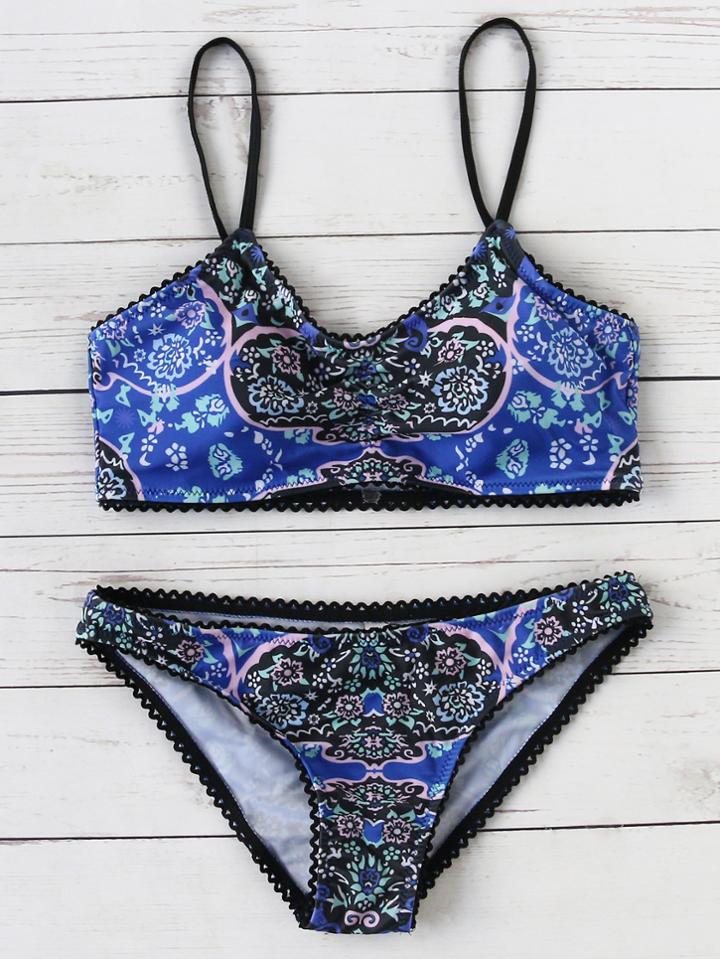 Shein Blue Printed Scalloped Trim Bikini Set