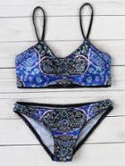Shein Blue Printed Scalloped Trim Bikini Set