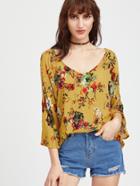 Shein Flower Print Split Sleeve Tie Back Top