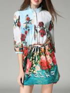 Shein Multicolor Drawstring Rose Print Shift Dress