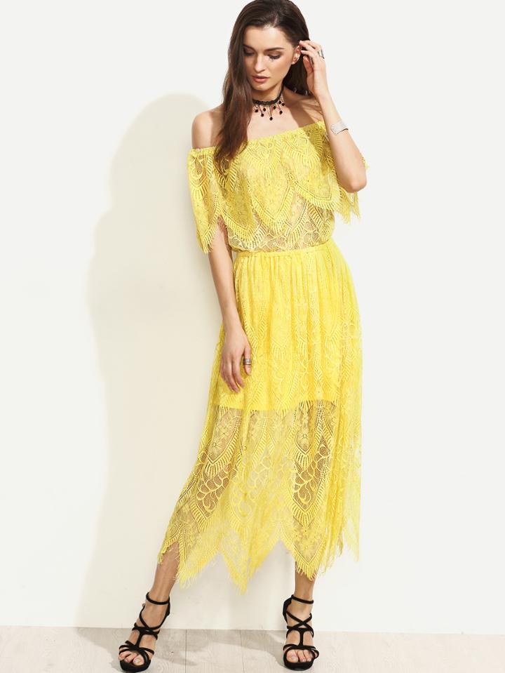 Shein Yellow Zigzag Hem Off The Shoulder Lace Dress