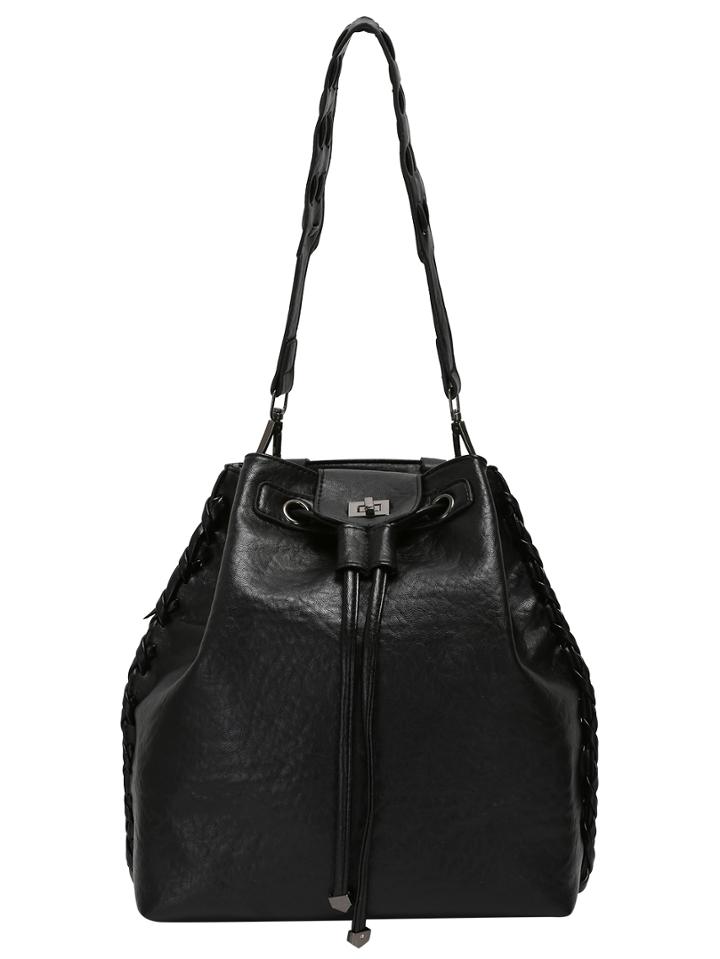 Shein Black Drawstring Weave Bucket Bag