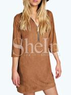 Shein Brown Bronze Suede Half Sleeve V Neck Zipper Dress