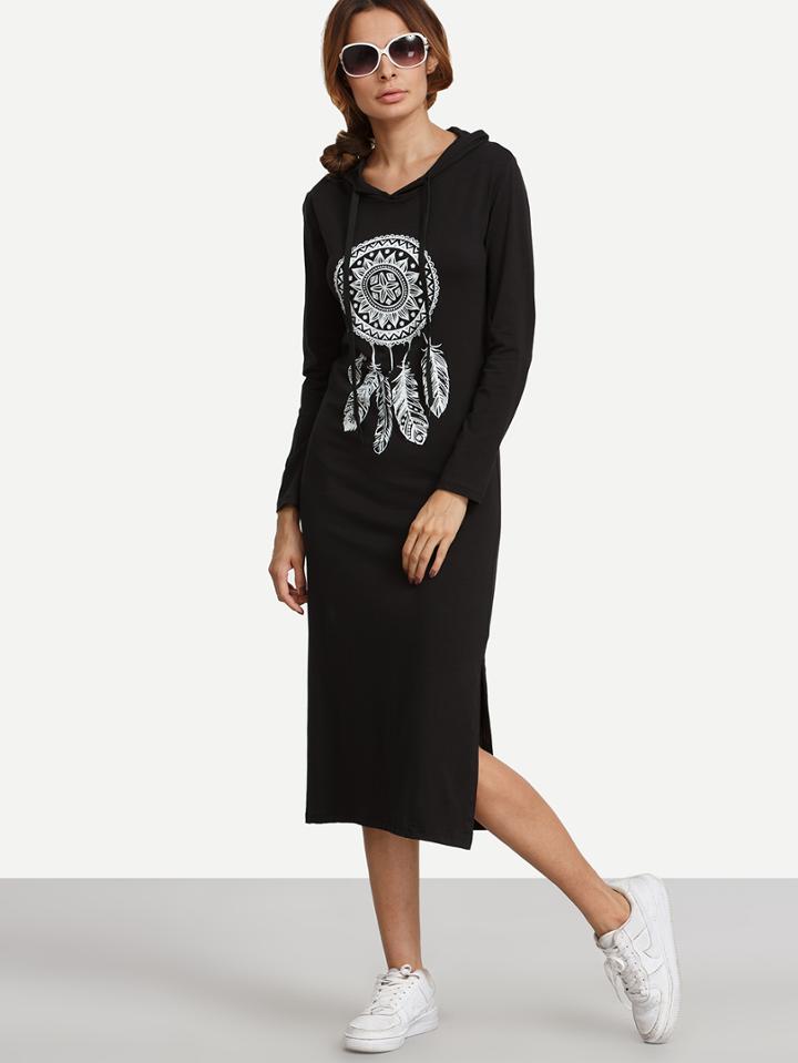 Shein Black Print Long Sleeve Split Hooded Dress