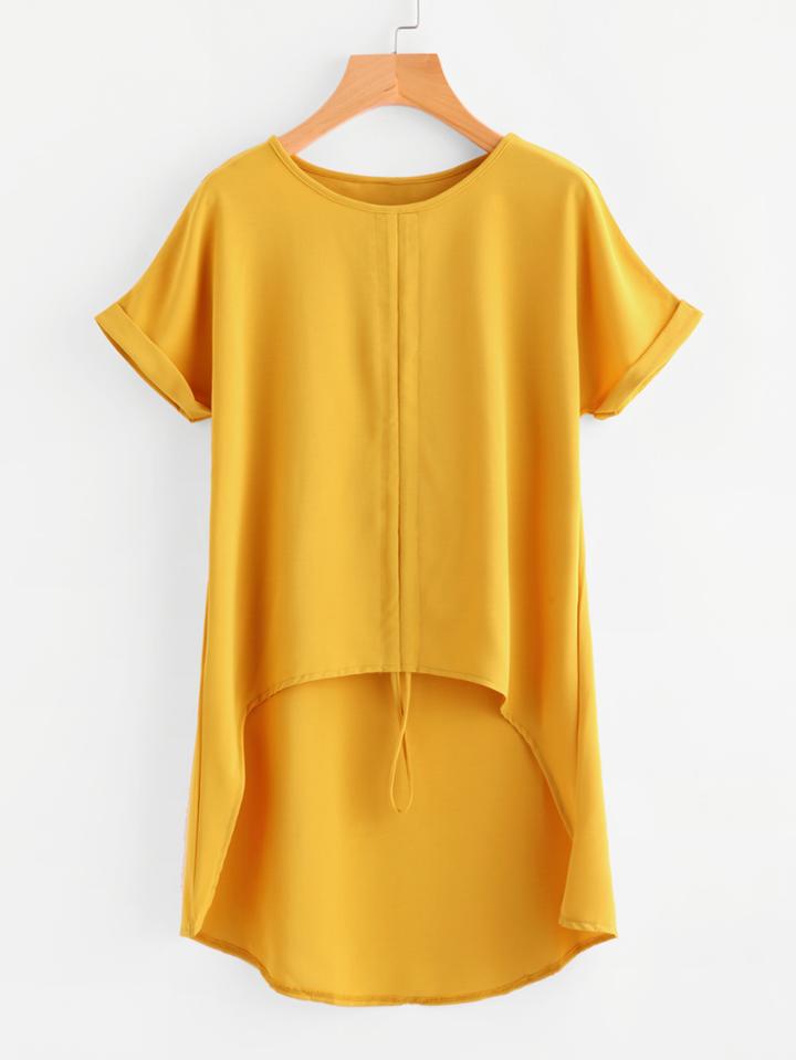 Shein Drawstring Detail Dip Hem Cuffed Tee