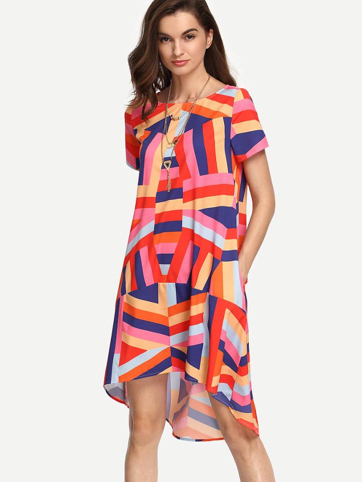 Shein Color-block Short Sleeve High Low Shift Dress