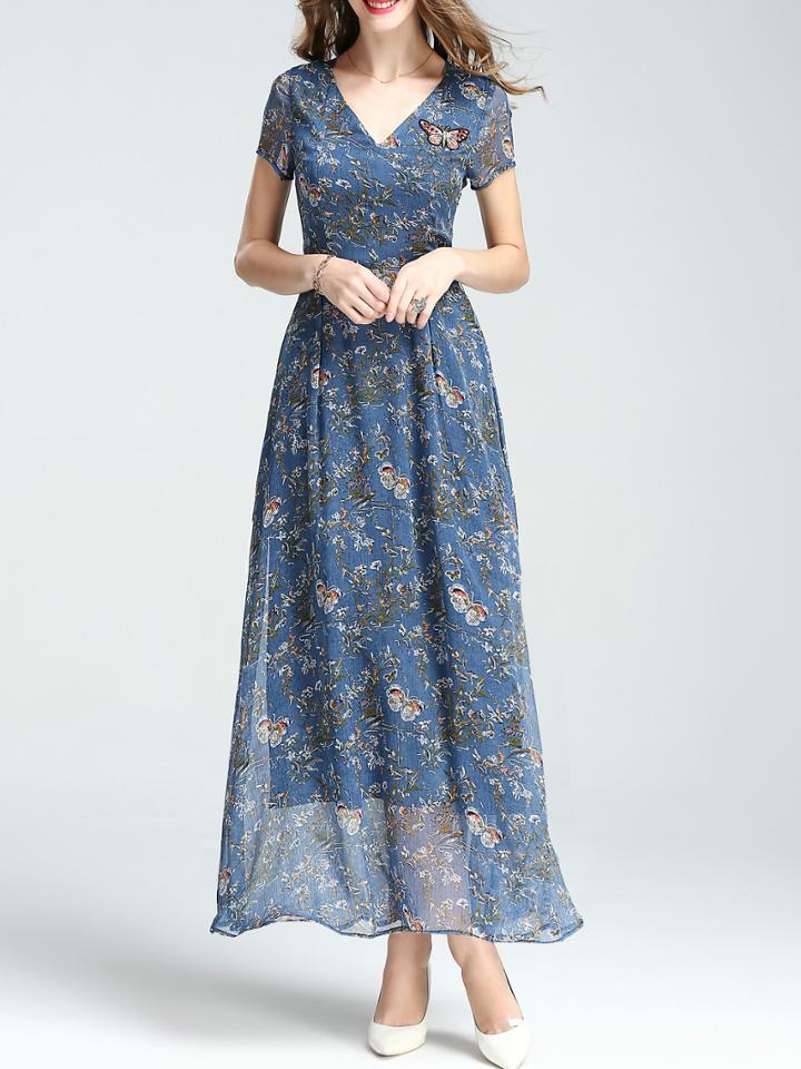 Shein V Neck Floral Butterfly Embroidered Dress
