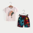 Shein Toddler Boys Feather Print Tee With Drawstring Shorts