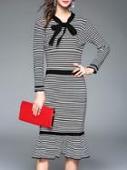 Shein Black Bowknot Striped Frill Sheath Dress