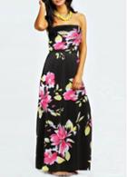 Rosewe Flower Print Strapless Black Maxi Dress