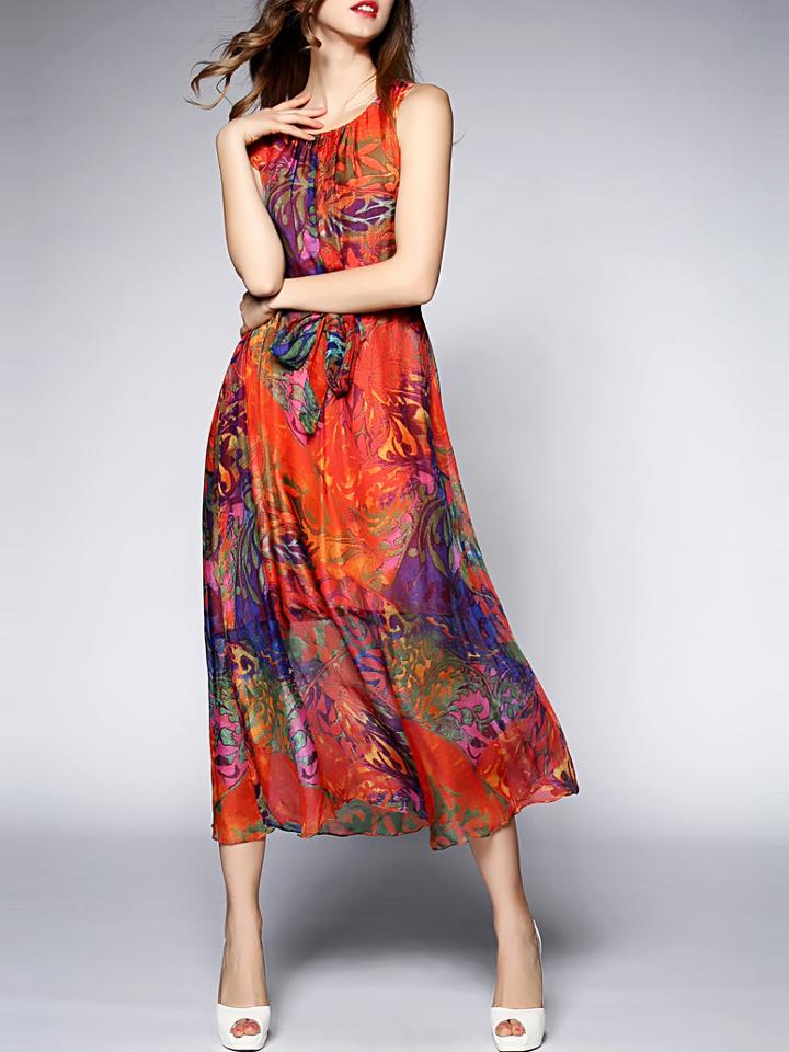 Shein Orange Round Neck Sleeveless Tie-waist Print Dress