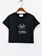 Shein Contrast Trim Embroidered Crop T-shirt - Black