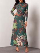 Shein Multicolor Stand Collar Floral Maxi Dress