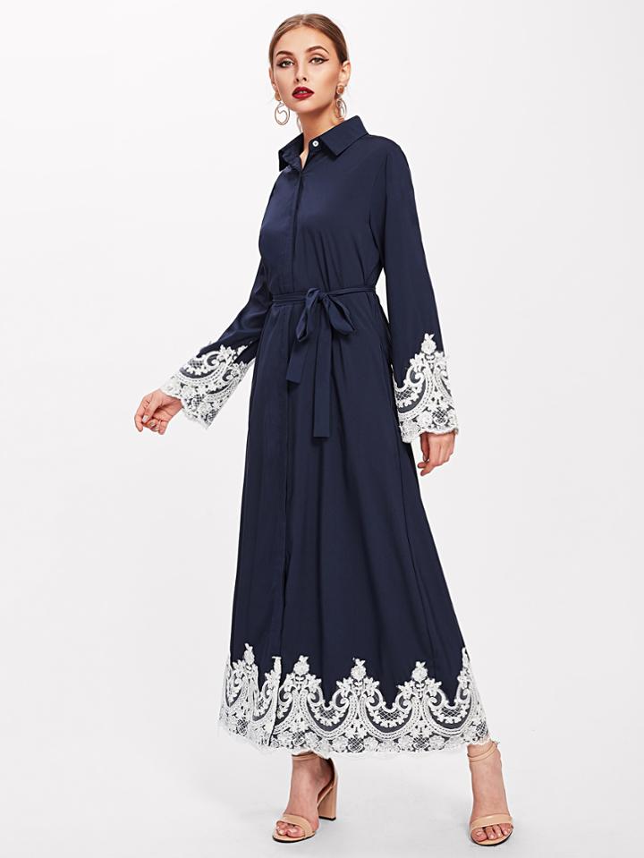 Shein Lace Crochet Paneled Self Tie Shirt Dress