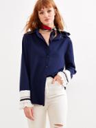 Shein Navy Contrast Ruffle Cuff Shirt