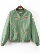 Shein Green Cat Embroidery Raglan Sleeve Zipper Jacket