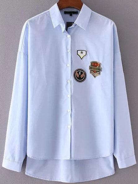 Shein Blue Dip Hem Patch Blouse With Buttons