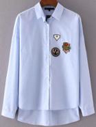 Shein Blue Dip Hem Patch Blouse With Buttons