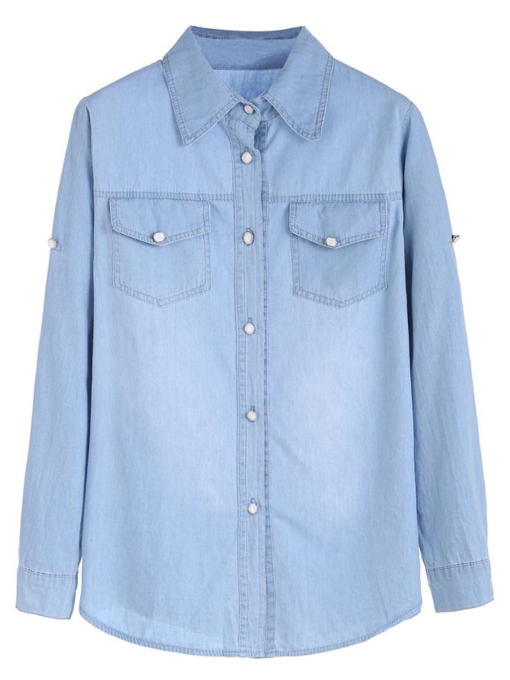 Shein Blue Roll Tab Sleeve Buttons Denim Shirt