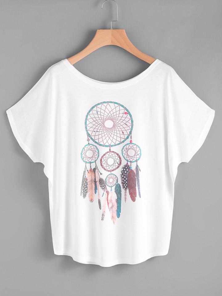 Shein Feather Print Dolman Sleeve Tee