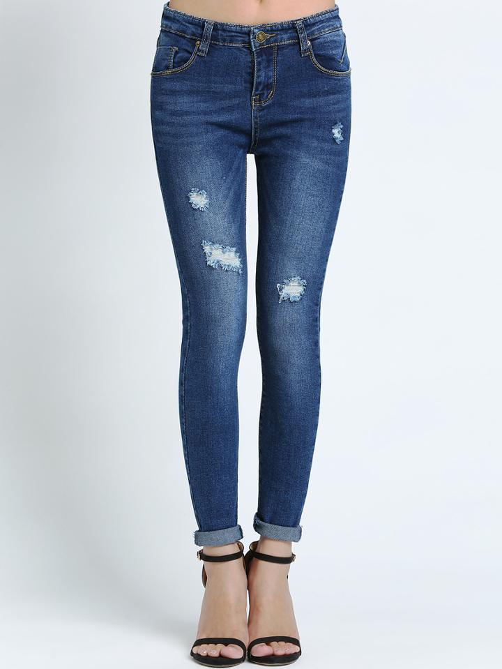 Shein Blue Slim Bleached Ripped Denim Pant