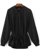 Shein Black Raglan Sleeve Self Tie Embroidery Patch Coat