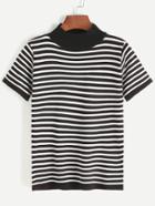 Shein Contrast Striped Mock Neck Knit T-shirt