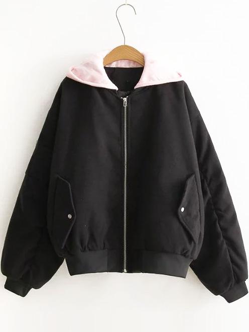 Shein Black Letter Embroidery Contrast Hooded Zipper Coat