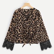 Shein Contrast Lace Criss Cross Knot Hem Blouse