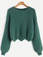 Shein Dark Green Drop Shoulder Seam Wave Hem Fuzzy Sweater