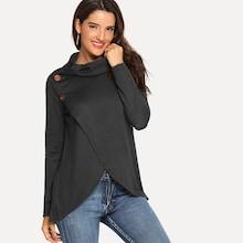 Shein Button Decoration Tulip Hem Sweater