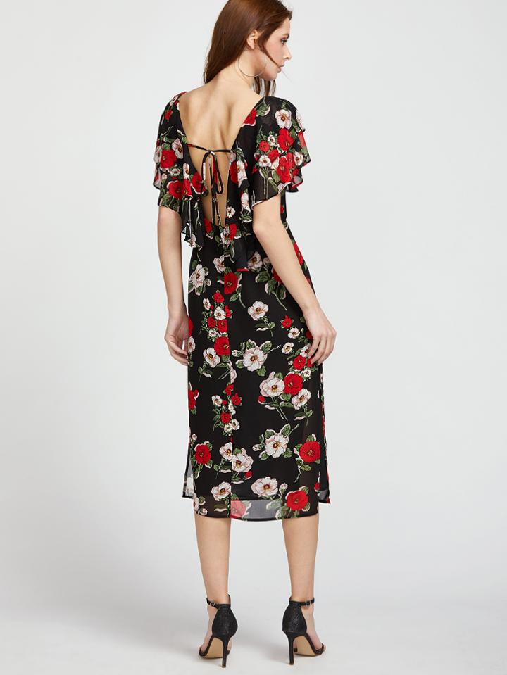 Shein Flower Print Cape Collar Tied V Back Dress