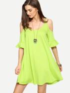 Shein Fruit Green Cold Shoulder Ruffle Cuff Shift Dress