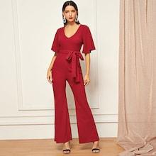 Shein Plunging Neck Tie Waist Solid Jumpsuit