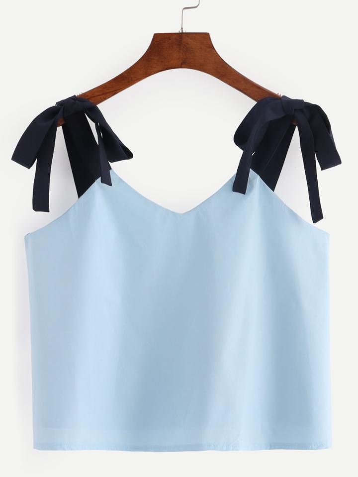Shein Blue Lace Up Shoulder Color Block Crop Top