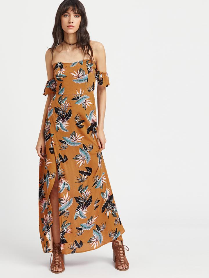 Shein Palm Leaf Print Ruffle Sleeve Wrap Dress