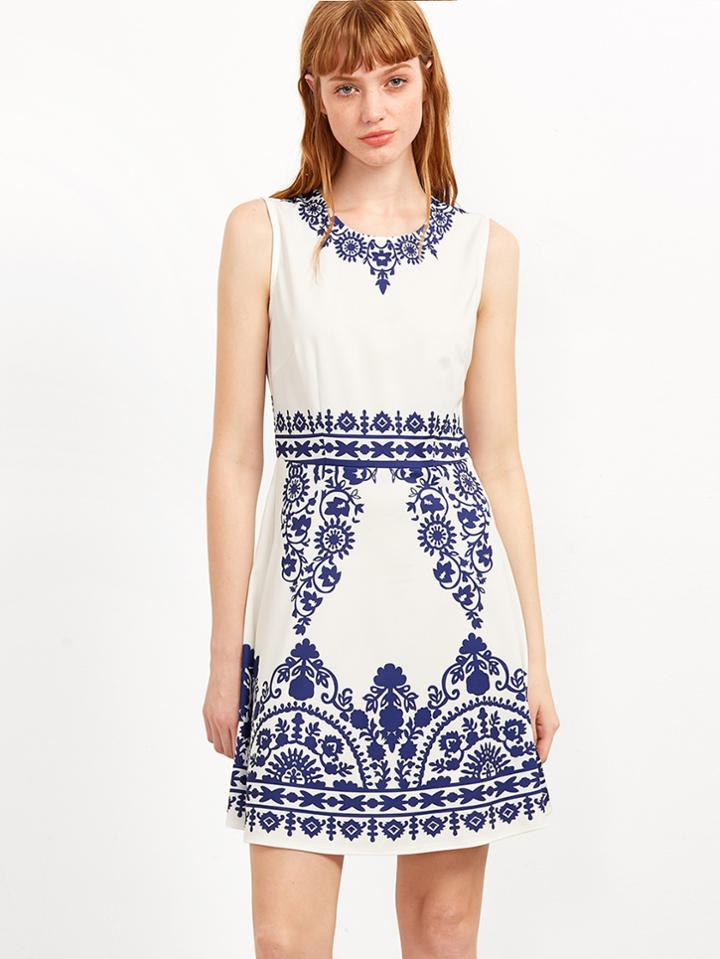 Shein Blue And White Porcelain Print A Line Dress