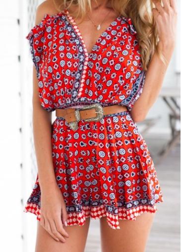 Rosewe Off The Shoulder Tribal Print Red Romper