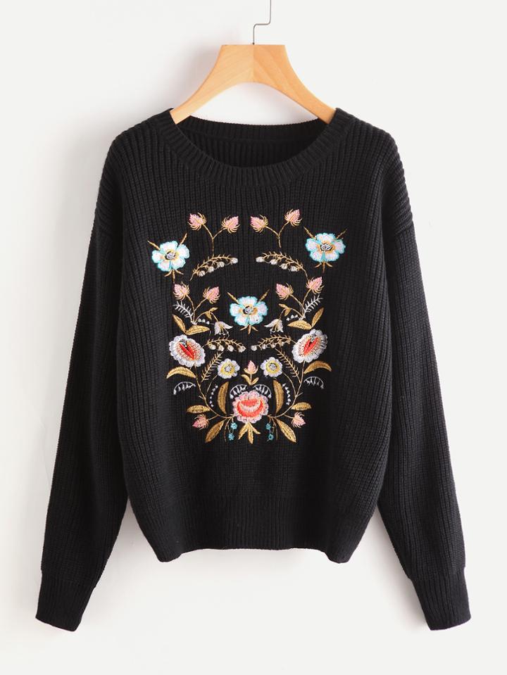 Shein Flower Embroidered Drop Shoulder Jumper
